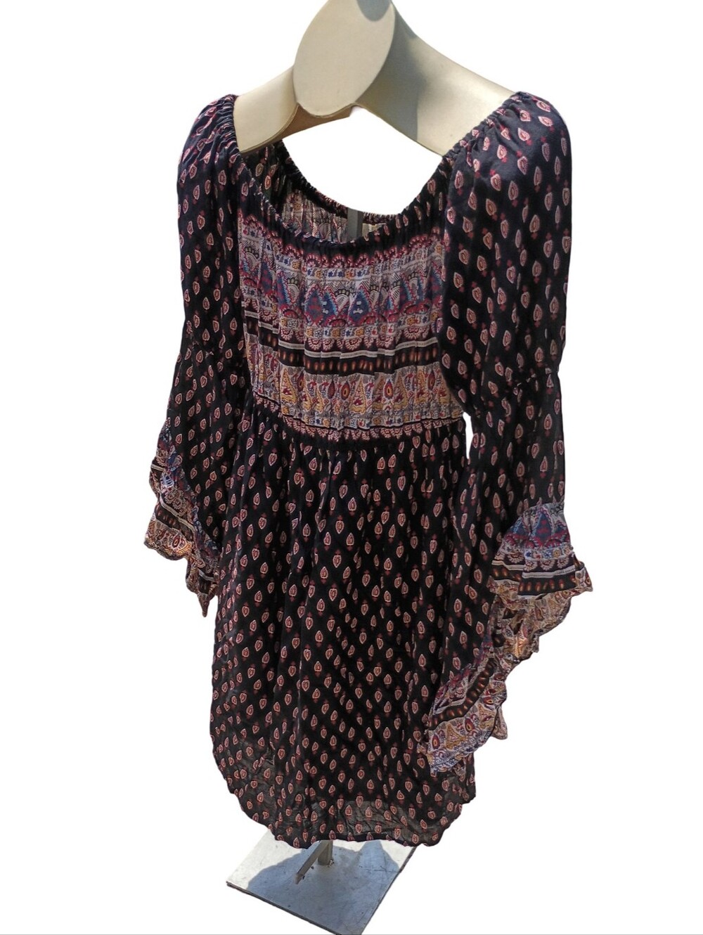 Entro Boho Floral Patchwork Bell Sleeve Mini Dress | Size M - Picture 3 of 5